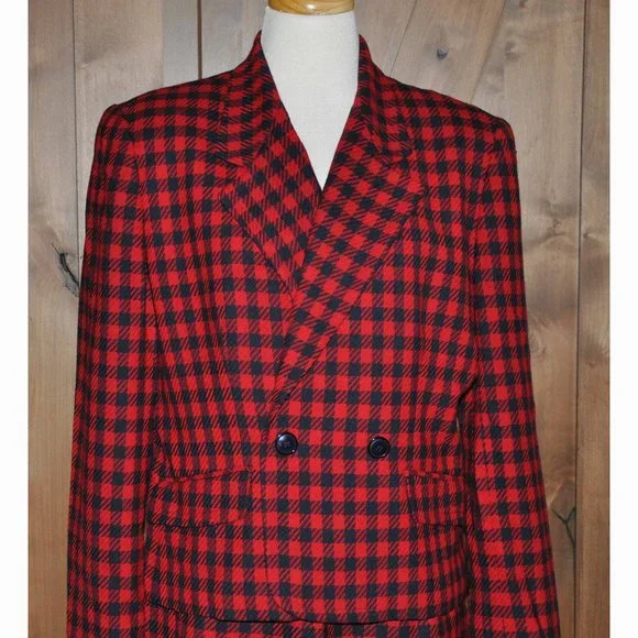Vintage Liz Claiborne Petite Red & Navy Blue Plaid Wool Skirt & Jacket Ensemble - Picture 2 of 5